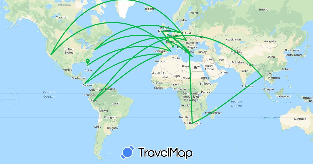 TravelMap itinerary: driving, bus in Costa Rica, Germany, Spain, France, United Kingdom, Greece, Hungary, Ireland, Italy, Myanmar (Burma), Peru, United States, South Africa (Africa, Asia, Europe, North America, South America)